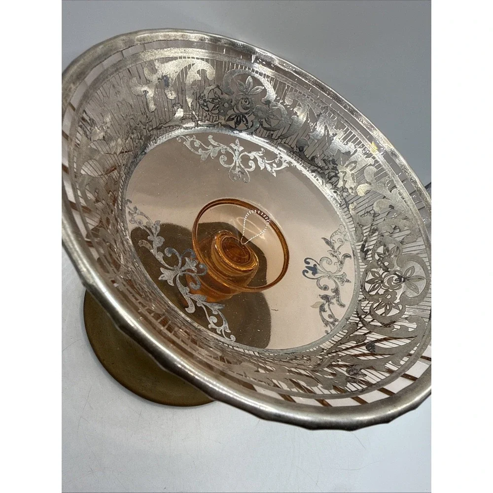 Vintage Fostoria Royal Style Amber Etched Glass Compote Or Candy Footed Bowl